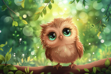 Painting of small owl with big eyes sitting on tree branch in forest. Background filled with green leaves and sparks.
