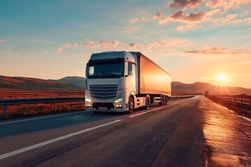 Truck on the road at sunset. Transportation, logistics and shipping concept