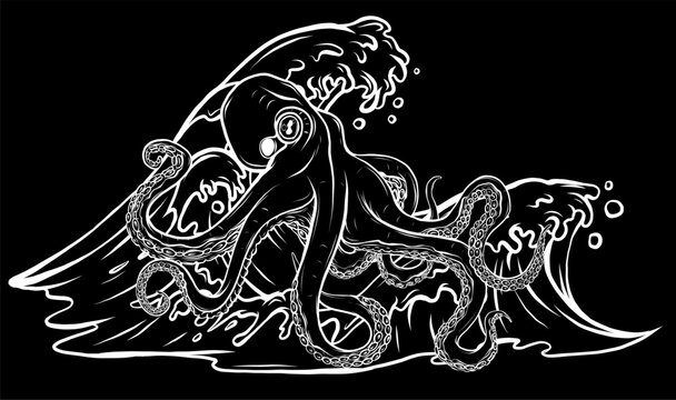 black and white octopus in ocean waves clip art preview