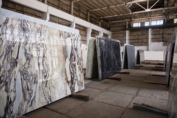 Large warehouse, interior, Italian marble storage room, industrial style. High Resolution