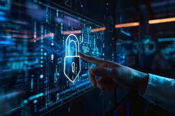 Fototapeta premium Cyber visualization tools lock data breaches and ensure safety in staging environments, using computer security protocols and stateless network operations for protection.