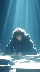 Girl writing desk paper books blue jacket anime-style digital illustration - obrazy, fototapety, plakaty