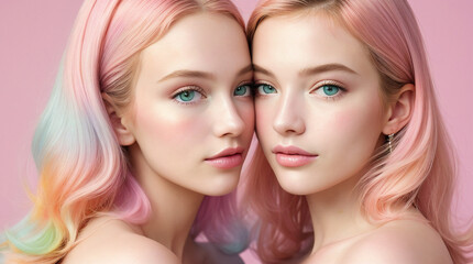 Obraz premium portrait of two women, girls, pastel colors, embrace, fashion