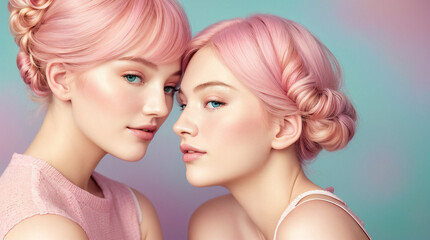 Obraz premium portrait of two women, girls, pastel colors, embrace, fashion