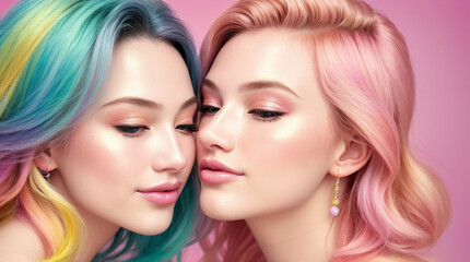 Obraz premium portrait of two women, girls, pastel colors, embrace, fashion