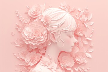 paper art of woman with rose head and pink floral background, pink color theme --