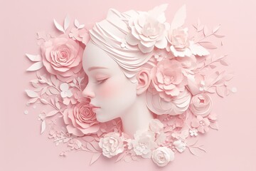 paper art of woman with rose head and pink floral background, pink color theme 