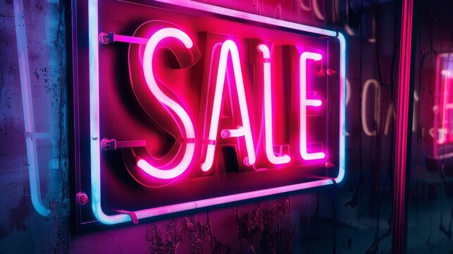 A neon sign with the word Sale written in pink letters. The sign is lit up and is hanging from the ceiling