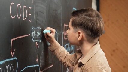 Panorama shot of smart boy writing engineering prompt on blackboard. Attractive student planing a...