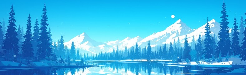 Mountain forest landscape with a lake and moon in blue color