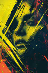 Abstract female portrait in yellow and black hues with bold brush strokes, creating a dynamic and striking visual - obrazy, fototapety, plakaty