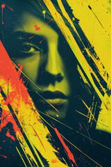 Abstract female portrait in yellow and black with dynamic brush strokes creating a vibrant and surreal composition - obrazy, fototapety, plakaty