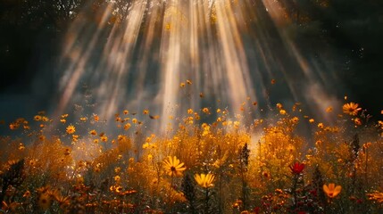 sunbeams over a meadow full of flowers and trees - obrazy, fototapety, plakaty