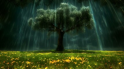 a lone tree is shown with rain pouring down from the trees - obrazy, fototapety, plakaty