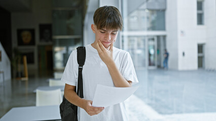 A contemplative young caucasian male teen with blond hair reads a paper in a modern university hallway.
