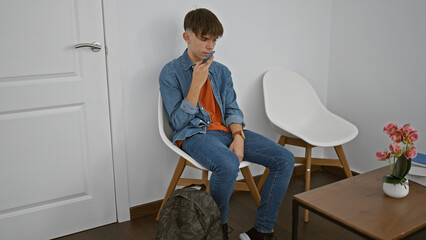 A young caucasian teen boy sits pensively in a spartan indoor room with modern furniture, conveying...