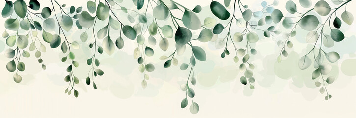 Horizontal banner with gentle eucalyptus branches, artistic watercolor. For social media cover, crafts, greeting cards and home decor - obrazy, fototapety, plakaty
