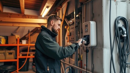 An electrician in work attire is busy setting up an electric vehicle charging station in a residential garage, contributing to sustainable living. AIG41
