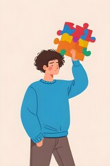 Flat lay view of a man in blue sweatshirt taking puzzle pieces out of curly hair. Fun chaos. Man solving puzzle. Illustration. Generative AI - obrazy, fototapety, plakaty