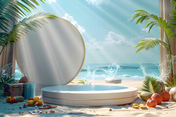 Obraz premium Empty stylish beach podium 3D mockup background for beauty product presentation concept. Summer copy space platform surrounded by palm leaves . Cosmetics, perfume or home goods sales advertising stand
