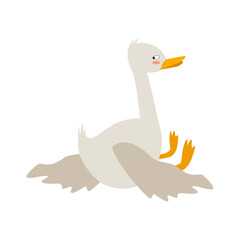 Funny cute goose character is offended, turned away, sitting with his back. Vector cartoon illustration for stickers, packaging, books.