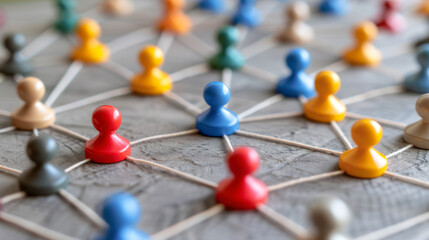 abstract concept of a network with connected colorful game pieces