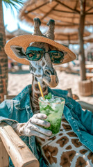 A giraffe in human clothes lies on a sunbathe on the beach, on a sun lounger, under a bright sun umbrella - obrazy, fototapety, plakaty