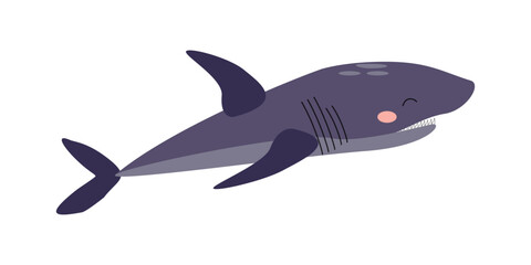 Purple shark character, sea animal. Vector cartoon illustration for stickers, children's books, products, room decoration.
