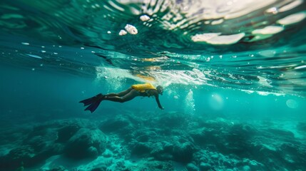 A woman in a yellow shirt is swimming in the ocean.