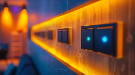 Row of modern smart light switches with blue LED indicators in a dimly lit room, showcasing advanced home automation technology. Concept of smart home, innovation, and interior design.
