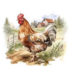 Chicken. Farming chicken. Farmyard bird clipart. Watercolor illustration. Generative AI. Detailed illustration. - obrazy, fototapety, plakaty