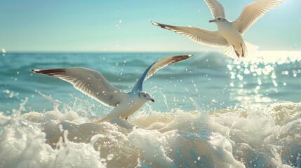 seaside landscape, sunny day at the beach with seagulls flying over the sparkling sea- a beautiful summer coastal scene - obrazy, fototapety, plakaty