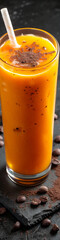 A glass of orange juice with a straw in it - obrazy, fototapety, plakaty