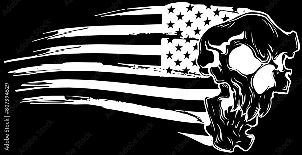 Sticker white silhouette of american flag with skull on black background