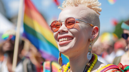 Happy black albino woman celebrating pride parade on sunny summer day. Young gay lesbian female gen z teenager with albinism at LGBTQ+ event with rainbow flags. Candid inclusive & diverse pride  - Powered by Adobe