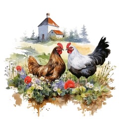 Chickens. Farming chickens. Farmyard birds clipart. Watercolor illustration. Generative AI. Detailed illustration. - obrazy, fototapety, plakaty