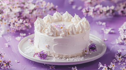 Obraz na płótnie Canvas Delicious cake with whipped cream and flowers on violet