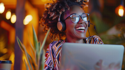 Inclusive image of happy black female digital nomad working remotely on laptop. Smiling candid african american laughing on virtual video call meeting. Inclusive & flexible workplace - Powered by Adobe