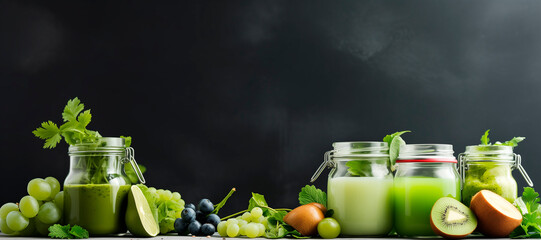 Glass jar mugs with green health smoothie, kale leaves, lime, apple, kiwi, grapes, banana, avocado, lettuce. Copy space. Raw, vegan, vegetarian, alkaline food concept. Banner