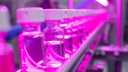 Row of glass vials under a pink light in a laboratory setting, representing scientific research and medical innovation. Concept of science, research, and innovation.
