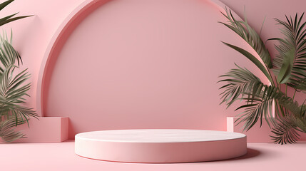 Product podium with pink background and tropical elements