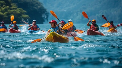 A group of individuals engage in kayaking on the surface of a body of water, paddling and maneuvering their kayaks.