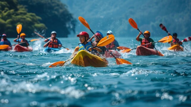 A group of individuals engage in kayaking on the surface of a body of water, paddling and maneuvering their kayaks.