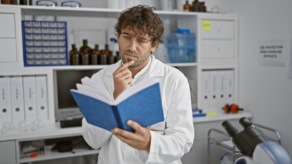 Thoughtful man with beard reading a manual in a laboratory setting.