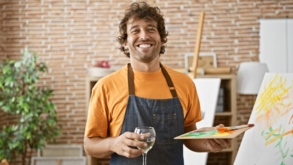 A cheerful hispanic man holding a glass of wine and a paint palette in a bright art studio.