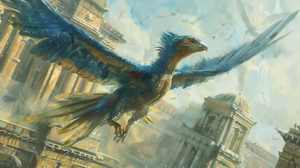 A majestic griffin soars through a ruined city. The griffin is a symbol of strength and courage, and it is said to be a guardian of the innocent.