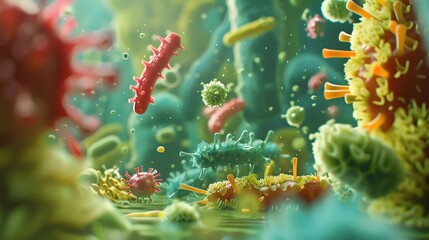A beautiful and intricate 3D rendering of a microscopic world, filled with colorful bacteria, viruses, and other microorganisms
