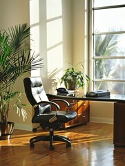 An empty office chair sits in a sunlit room