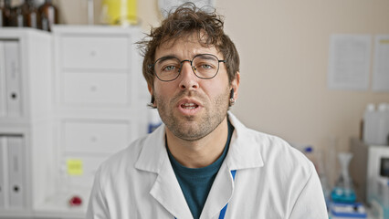 Portrait of a bearded young hispanic man wearing a lab coat and eyeglasses indoors at a medical...