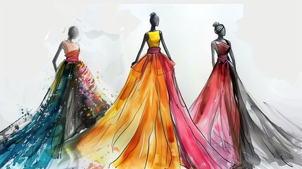 A fashion illustration of three models wearing evening gowns